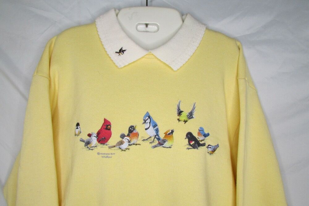 Morning Sun Wild Birds Front Back Graphic Sweatshirt Grannycore Collared Size M